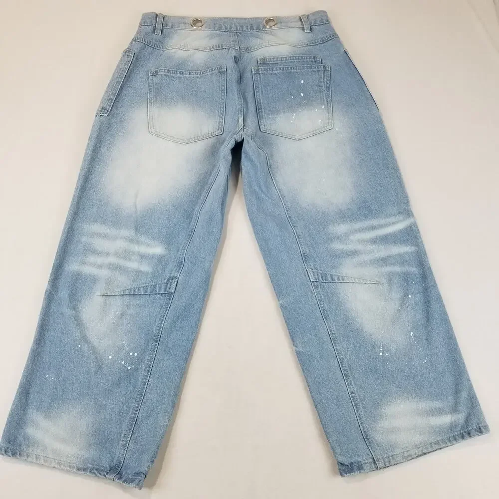 Flamingals Jeans Womens XL Moxie Barrel Low Slung Paint Splatter Grommet Tie - Picture 3 of 12